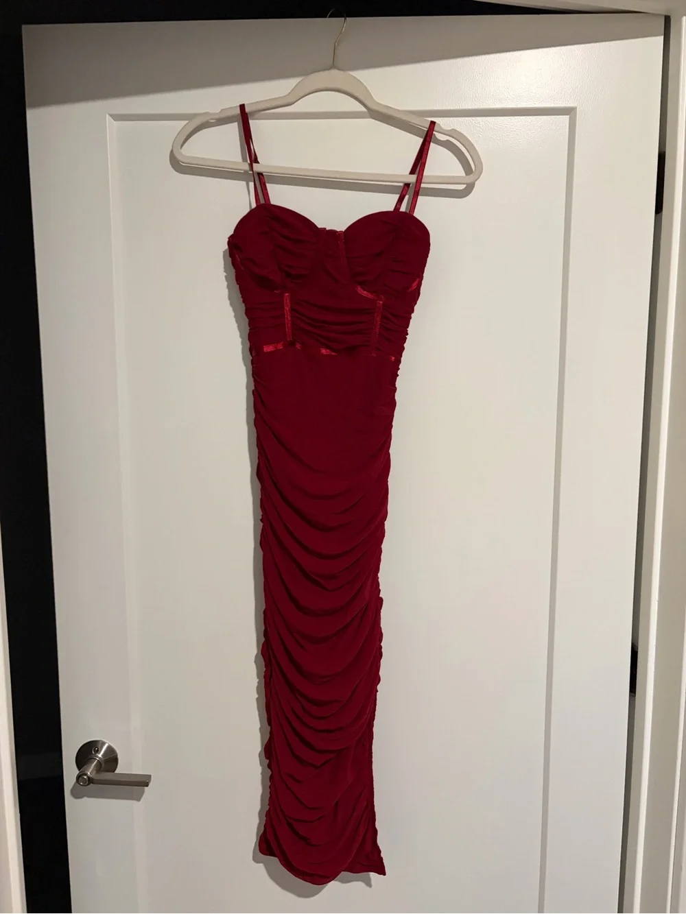 privy Red Ruched Midi Dress with Sweetheart Bust